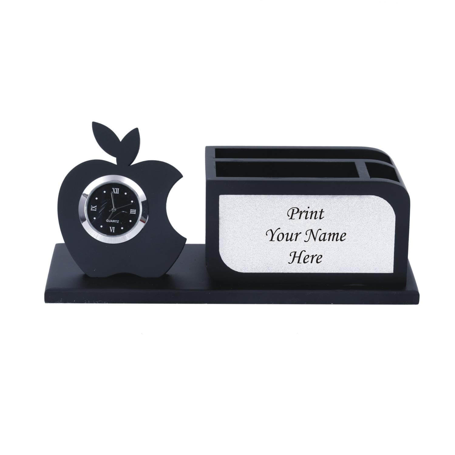 Personalized Gift, Name Printed, Wooden Pen Stand with Clock, Mobile, Card Holder (Black & Silver)