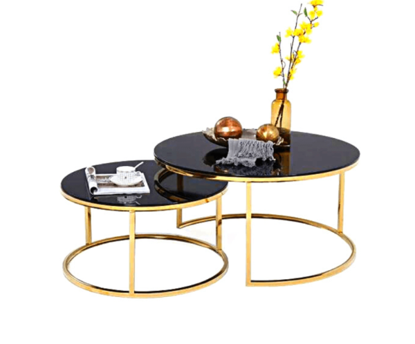 Stainless Steel Gold Finish Black Glass Coffee Table living room