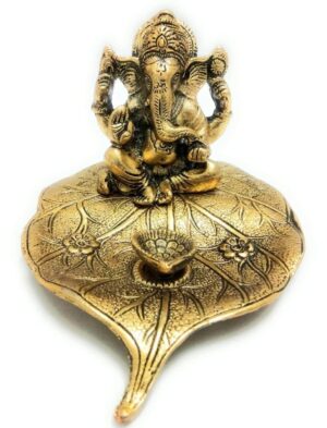 Metal Ganesha Sitting on Leaf Patta with Diya Deepak Home Office Temple Pooja/Festival Good Luck/Wishes/Diwali/Gifting Ganesh Gold Polish Leaf for Home Decor and Gift Purpose.(12 x12 x 8 cm)