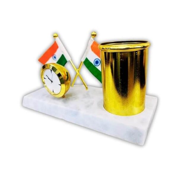 amiicraft Gold Plated Pen Stand with India Flag and Clock for office gifting use