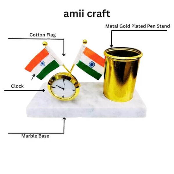 amiicraft Gold Plated Pen Stand with India Flag and Clock for office gifting use