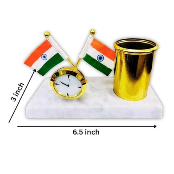 amiicraft Gold Plated Pen Stand with India Flag and Clock for office gifting use